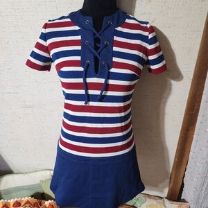Vintage 60s 70s Jonathan Logan Mod Nautical Striped Lace Up Mini Dress Red White